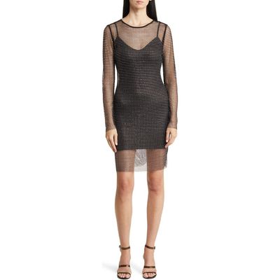 bebe bebe Rhinestone Mesh Long Sleeve Cocktail Minidress