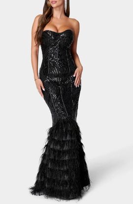 bebe bebe Sequin Feather Trim Strapless Gown