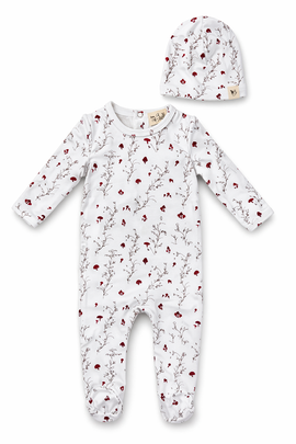Bebe Bella Bebe Bella All Over Floral and Mushroom Print Romper with Hat