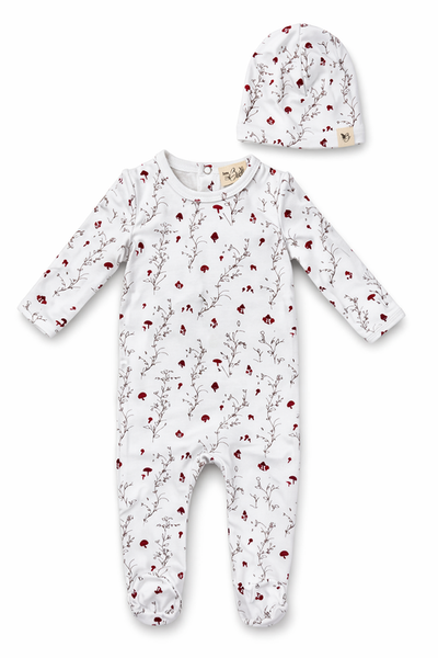 Bebe Bella Bebe Bella All Over Floral and Mushroom Print Romper with Hat