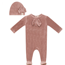 Bebe Bella Bebe Bella Bow Stitch Ribbed Velour Romper with Matching Hat