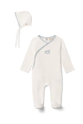 Bebe Bella Bebe Bella Boy Embroidered Rocking Horse Wrap Romper with Bonnet