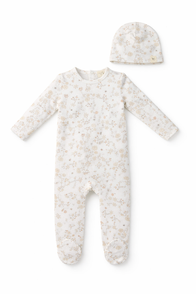 Bebe Bella Bebe Bella Girl All Over Floral and Mushroom Print Romper with Hat