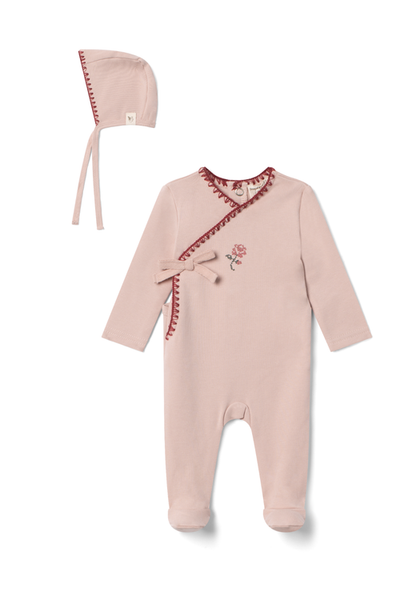 Bebe Bella Bebe Bella Girl Embroidered Rocking Horse Wrap Romper with Bonnet