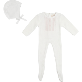 Bebe Bella Bebe Bella Striped Pointelle Pearl Button Romper with Matching Bonnet