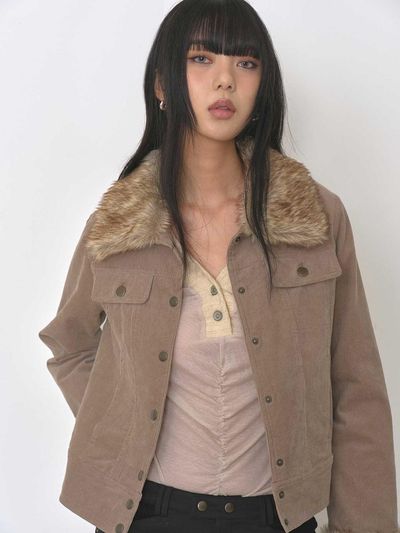 BEDEVIL Detachable Fur Collar Corduroy Blazer [Beige]