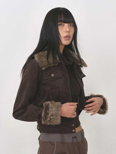 BEDEVIL Detachable Fur Collar Corduroy Blazer (Brown)