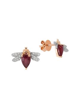 Bee Goddess Women's Honey Bee 14K Rose Gold, Diamond & Ruby Earring