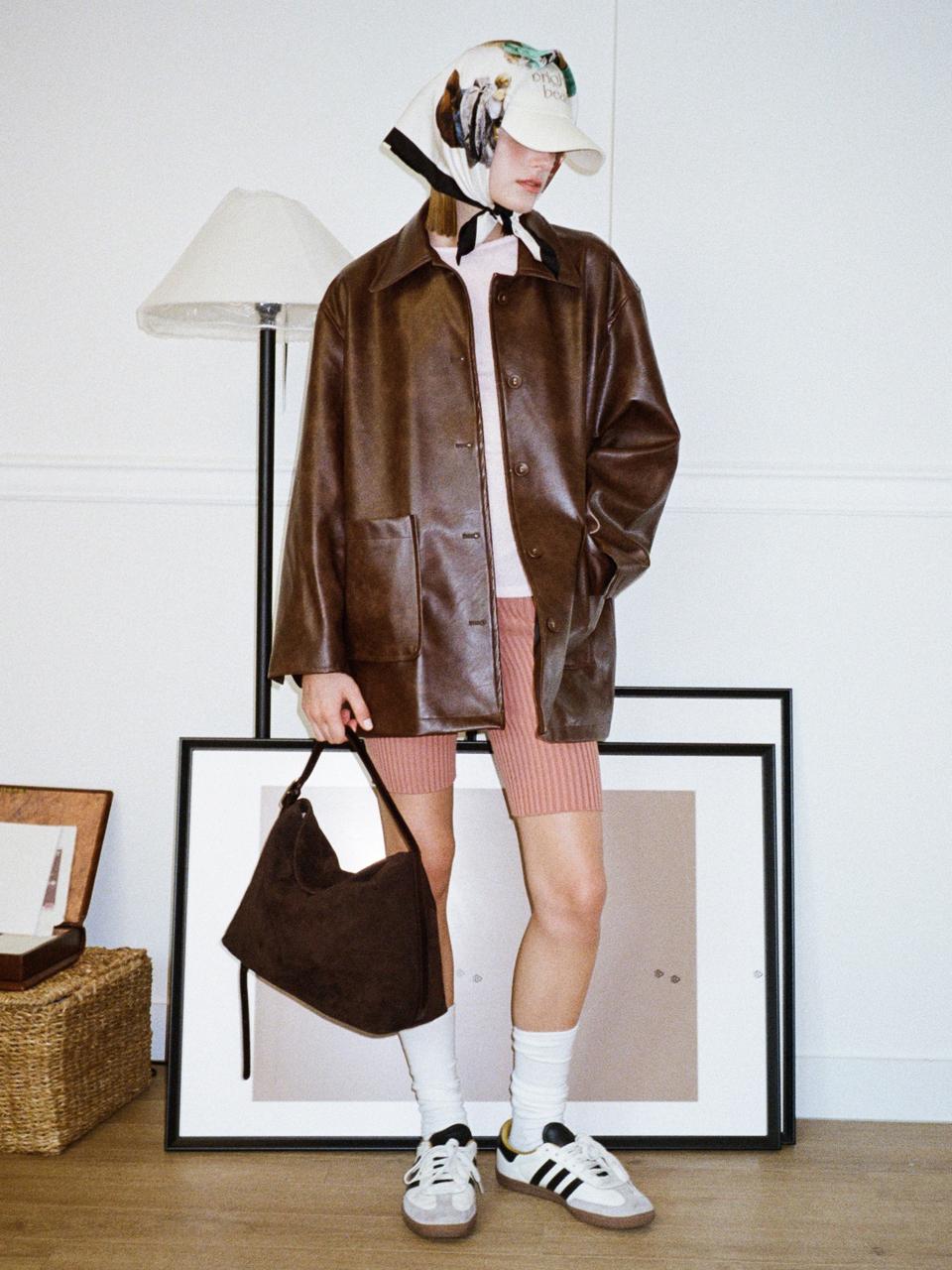 beirut SINGLE COLLAR FAUX LEATHER JACKET (BROWN)