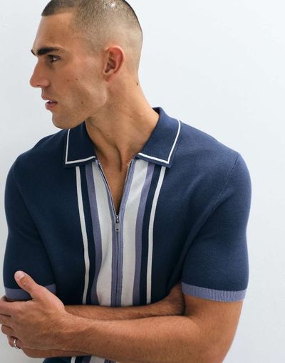 Belier Belier panelled zip up knit polo in navy