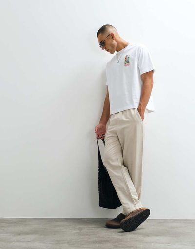 Belier Belier straight leg pull-on linen mix pants in oatmeal-Neutral