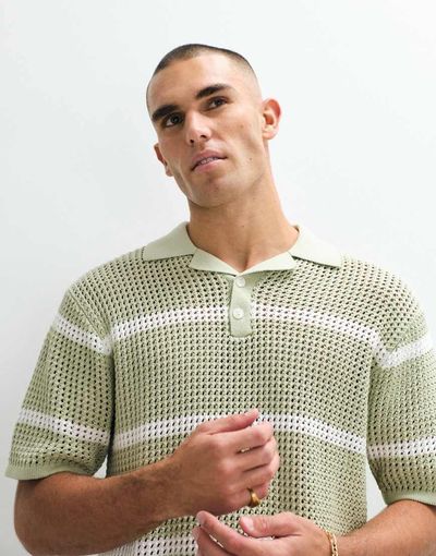 Belier Belier striped crochet knit polo shirt in sage & white-Green