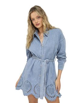 Belle & Bloom Belle & Bloom Sunday Somewhere Denim Broderie Mini Shirt Dress