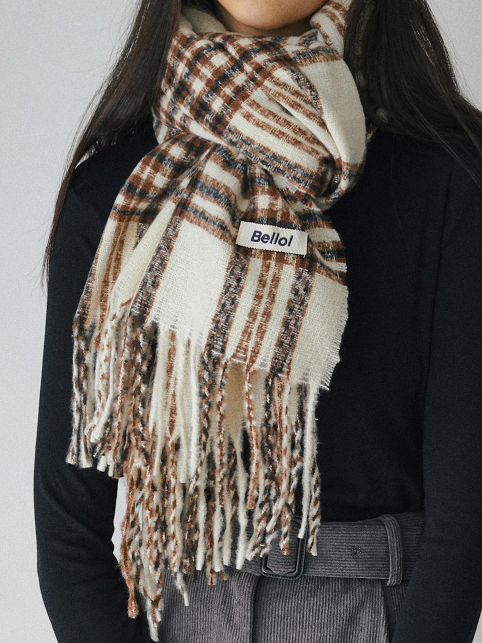 BELLOL Basic Tartan Check Polyester Muffler [IVORY]