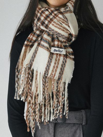 BELLOL Basic Tartan Check Polyester Muffler [IVORY]