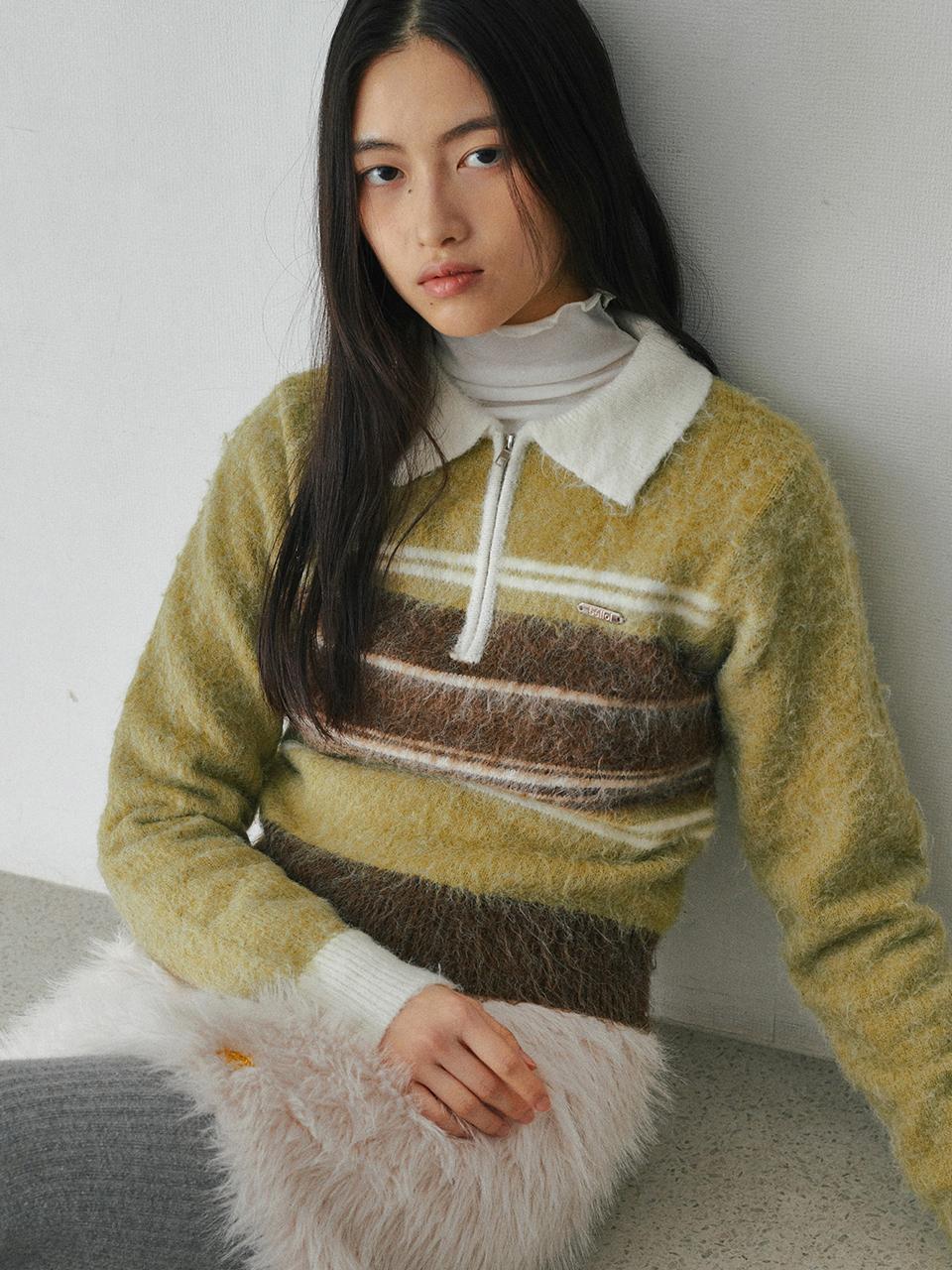 BELLOL Hairy Stripe Collar Zip-up Knit Sweater [Khaki]