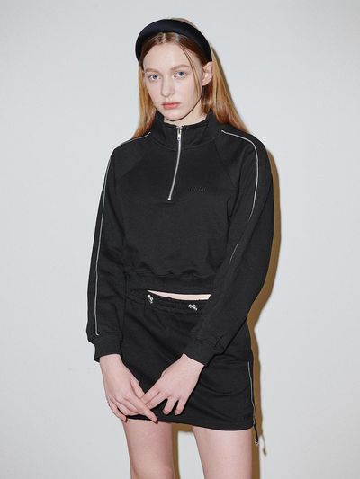 BELLOL Oversized Fit Cropped Zip-Up Knit BLACK