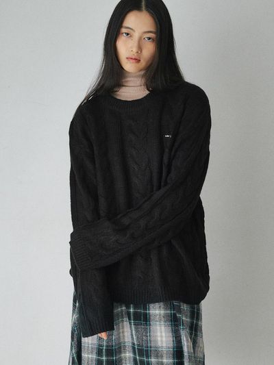 BELLOL Solid Cable Round Neck Pullover Knit [BLACK]