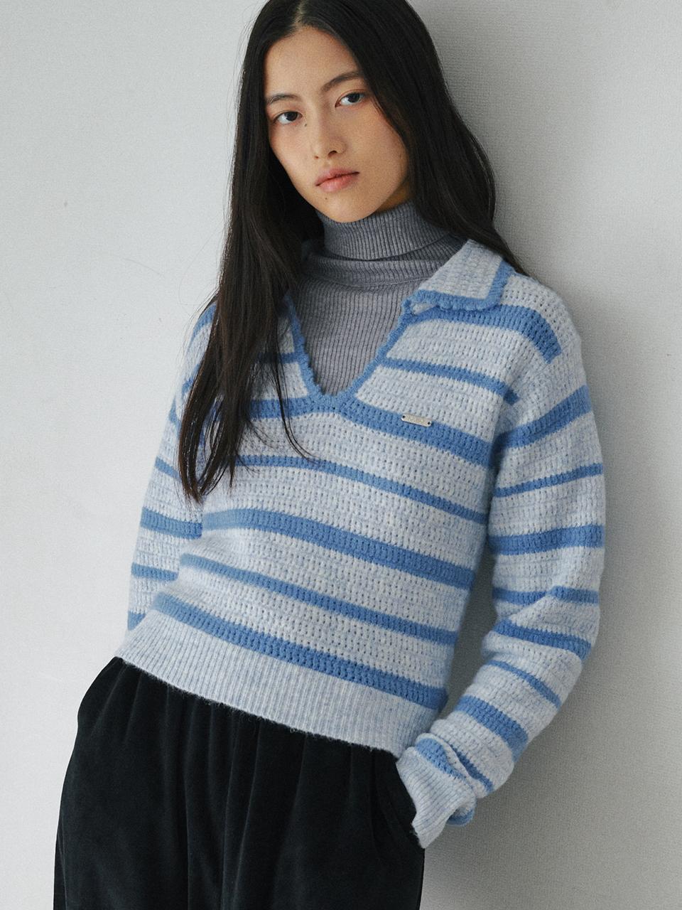 BELLOL Stripe Open Collar Slim Fit Knit [BLUE]