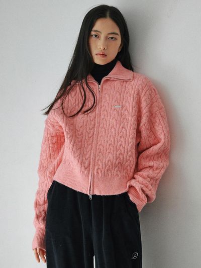 BELLOL Washable High Neck Cable Knit Zip-up Sweater [Pink]