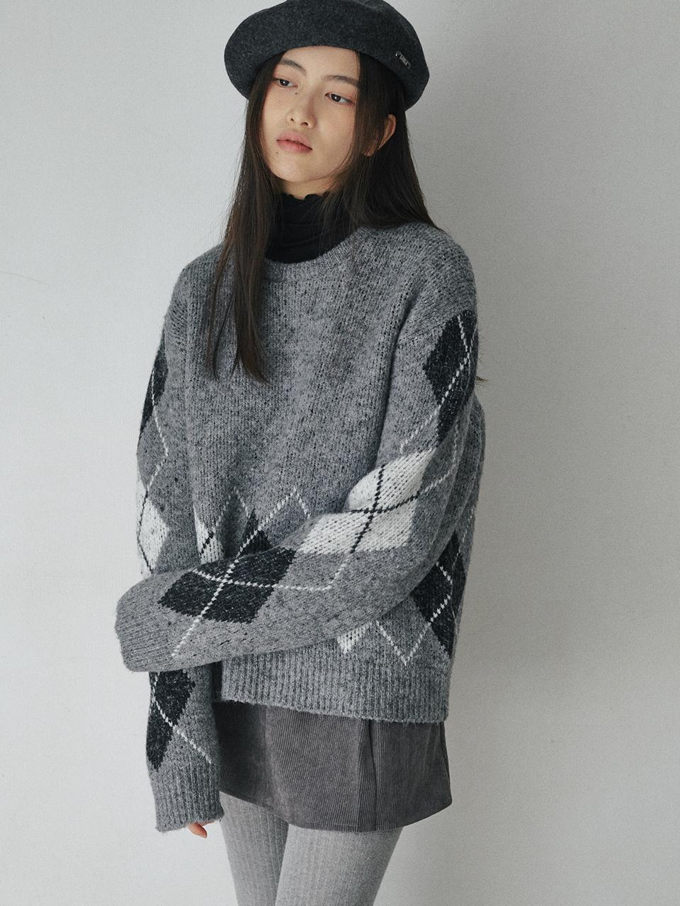 BELLOL Washable Oversized Argyle Knit Sweater [Melange]