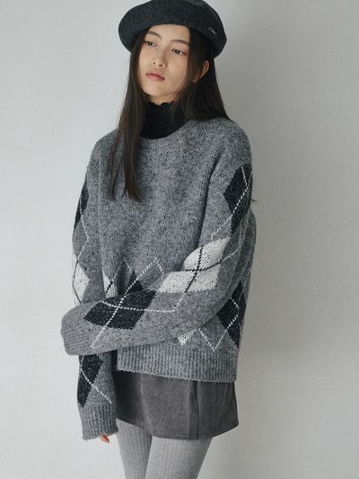 BELLOL Washable Oversized Argyle Knit Sweater [Melange]