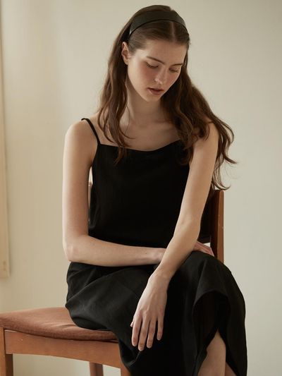 BEMUSE MANSION Ribbon Point Linen Dress (Black)