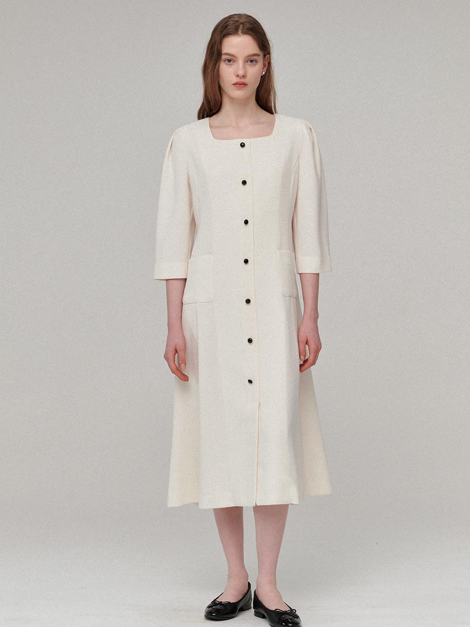 BEMUSE MANSION Square Neck Piping Tweed Dress - White