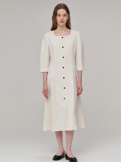 BEMUSE MANSION Square Neck Piping Tweed Dress - White
