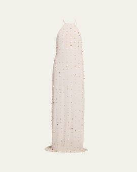 BERNADETTE Embellished Crinkled Viscose Halter Maxi Dress