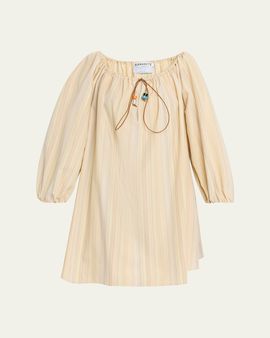 BERNADETTE Tie-Neck Striped Cotton Long-Sleeve Mini Dress