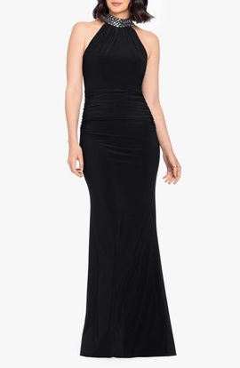 Betsy & Adam Betsy & Adam Beaded Mock Neck Column Gown