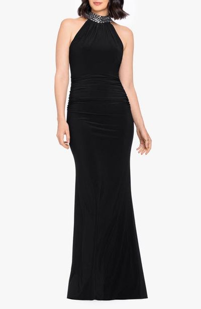 Betsy & Adam Betsy & Adam Beaded Mock Neck Column Gown
