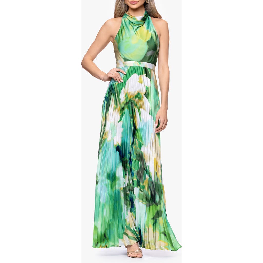 Betsy & Adam Betsy & Adam Cowl Neck Print Pleated Halter Gown