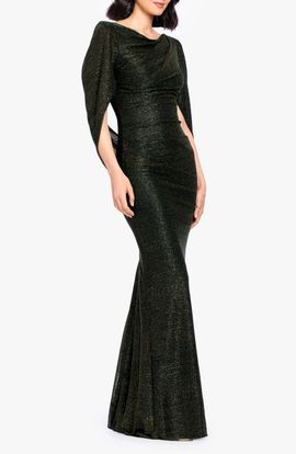 Betsy & Adam Betsy & Adam Drape Back Stretch Metallic Sheath Gown