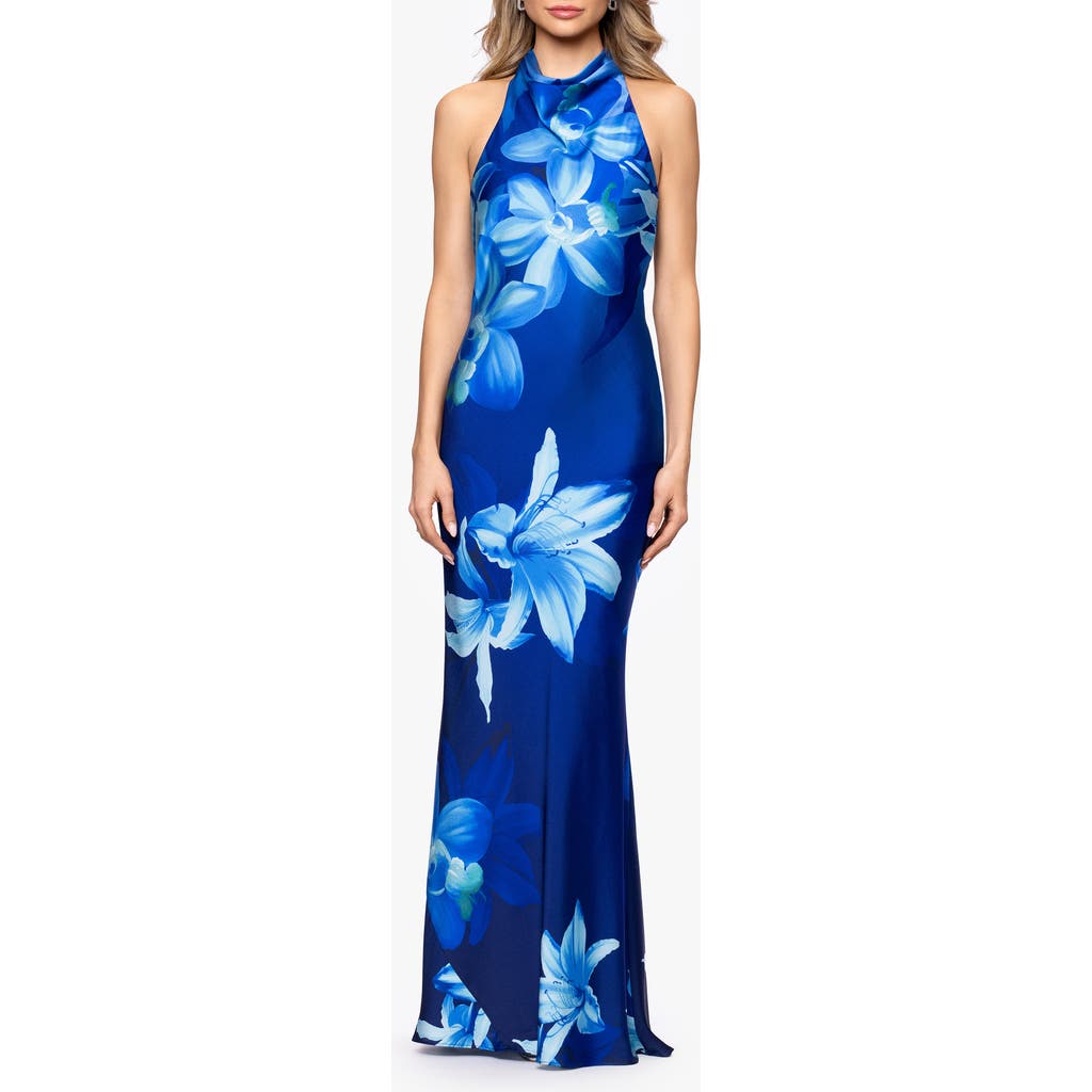 Betsy & Adam Betsy & Adam Floral Halter Neck Hammered Satin Gown
