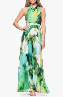 Betsy & Adam Betsy & Adam Floral Print Pleated Halter Dress