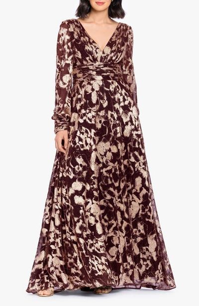 Betsy & Adam Betsy & Adam Foil Pattern Long Sleeve Gown
