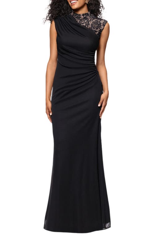 Betsy & Adam Betsy & Adam Lace Detail Mixed Media Ruched Gown