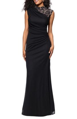 Betsy & Adam Betsy & Adam Lace Detail Mixed Media Ruched Gown