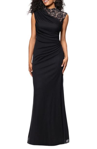 Betsy & Adam Betsy & Adam Lace Detail Mixed Media Ruched Gown