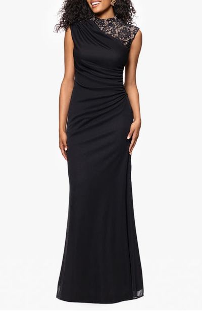 Betsy & Adam Betsy & Adam Lace Trim Asymmetric Ruched Gown