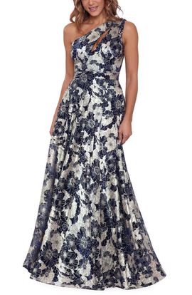 Betsy & Adam Betsy & Adam Metallic Floral One-Shoulder Gown