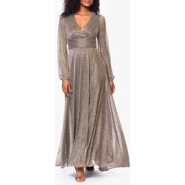 Betsy & Adam Betsy & Adam Metallic Wrap Bodice Long Sleeve Gown