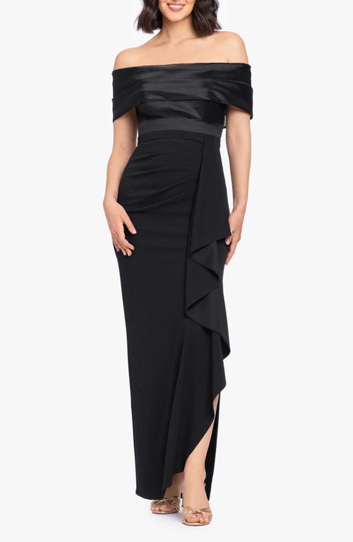 Betsy & Adam Betsy & Adam Mixed Media Off the Shoulder Cascade Ruffle Gown