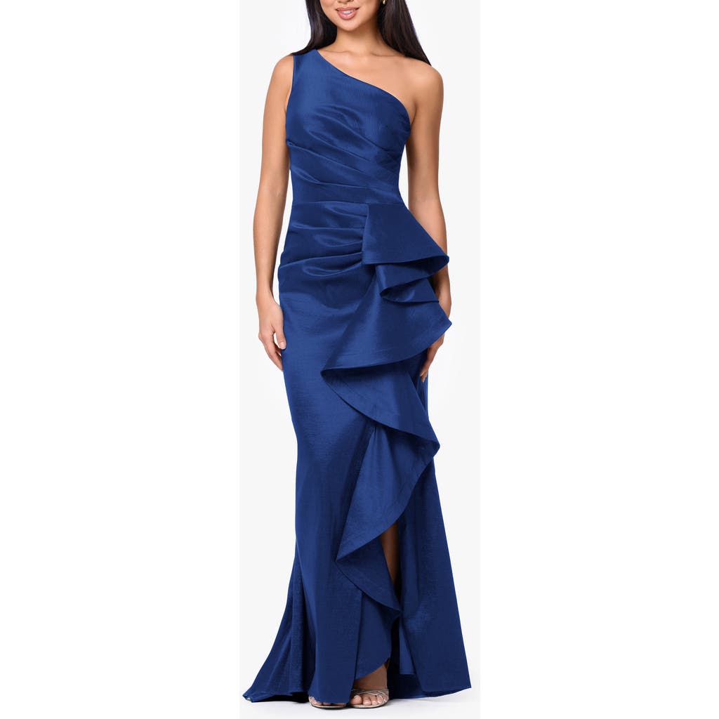 Betsy & Adam Betsy & Adam One-Shoulder Cascade Ruffle Gown