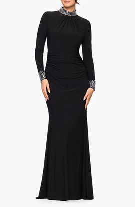 Betsy & Adam Betsy & Adam Ruched Beaded Long Sleeve Gown