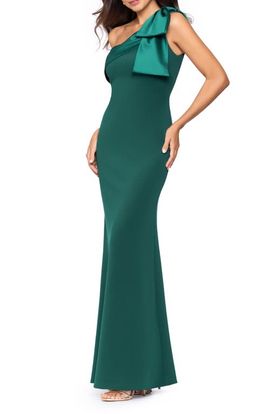 Betsy & Adam Betsy & Adam Satin Bow Detail One-Shoulder Scuba Crepe Sheath Gown