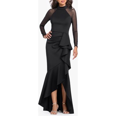Betsy & Adam Betsy & Adam Scuba & Mesh Long Sleeve High-Low Gown