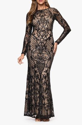Betsy & Adam Betsy & Adam Sequin Placement Long Sleeve Gown